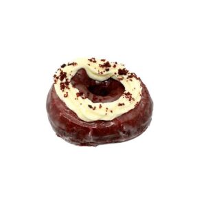 A fluffy yeast-raised doughnut, infused with classic red velvet flavor, then dipped in a sweet cream cheese glaze.