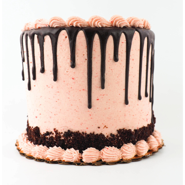 This rich, dark chocolate devil's food cake is layered with a vibrant raspberry filling, creating a delightful dance of sweet and tart. The cake is then enrobed in a smooth raspberry frosting and finished with a flourish of dark chocolate curls, adding a touch of elegance to this irresistible dessert.