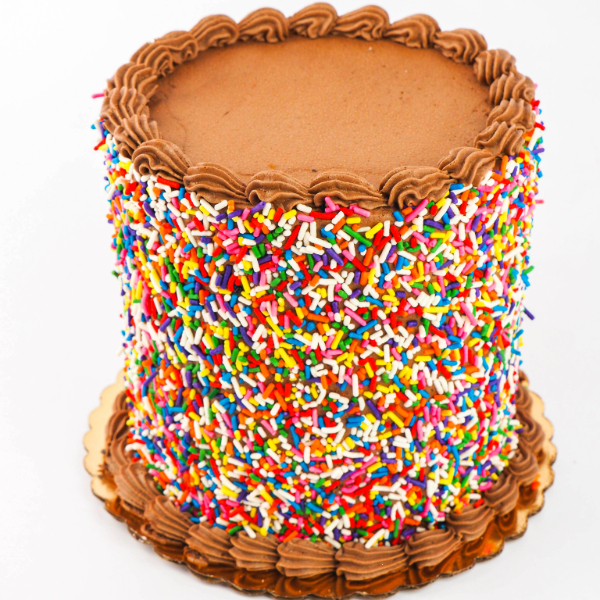 Celebrate in style with this rich chocolate cake. Smooth chocolate frosting and a generous sprinkle of vibrant colors make it perfect for any special occasion.
