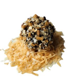 A rich Devil's food cake ball, layered with chocolate frosting, crunchy toffee pieces, and toasted coconut, all enrobed in dark chocolate.