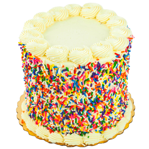 Indulge in layers of moist vanilla funfetti cake filled and frosted with creamy vanilla buttercream, and adorned with a cascade of colorful sprinkles. It's a feast for the eyes and the taste buds!
