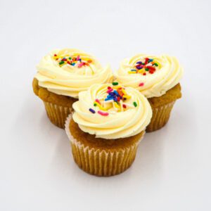 Vanilla cupcakes with vanilla frosting and rainbow sprinkles