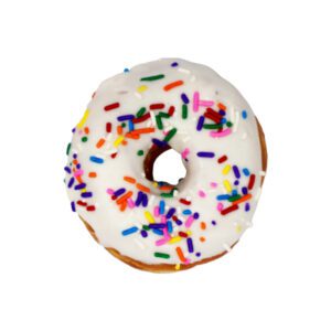 Yeast raised doughnut topped with vanilla glaze and rainbow sprinkles