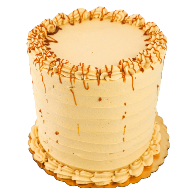 Our vanilla bean cake, generously filled with salted caramel, offers a harmonious blend of flavors. Topped with caramel frosting and a drizzle of rich caramel, this cake is an irresistible indulgence.