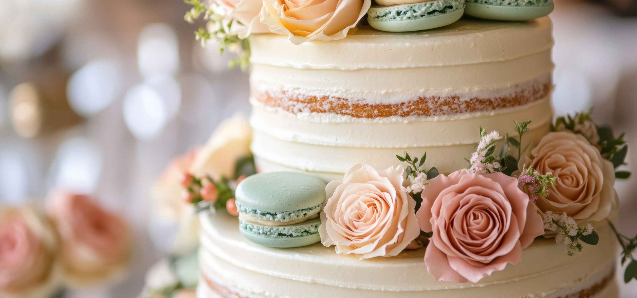 Three-tiered wedding cake with white frosting, decorated with fresh pink roses and pastel macarons