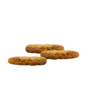 Three freshly baked cookies with M&Ms.