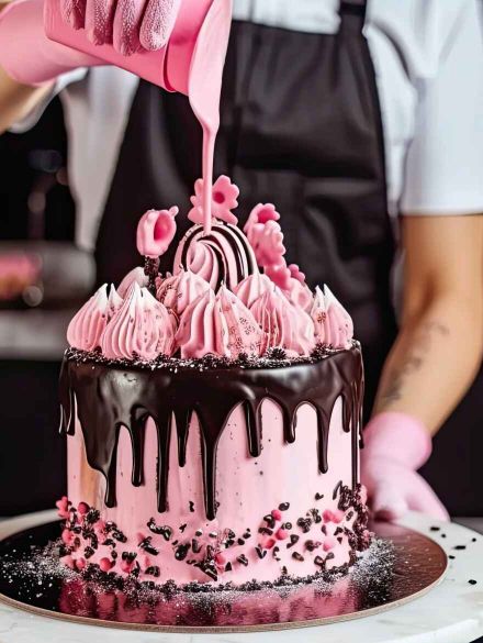 A decadent chocolate and pink drip cake adorned with playful meringue kisses, swirls, and colorful sprinkles. A drizzle of rich chocolate ganache cascades down the sides, adding a touch of drama to this whimsical creation.